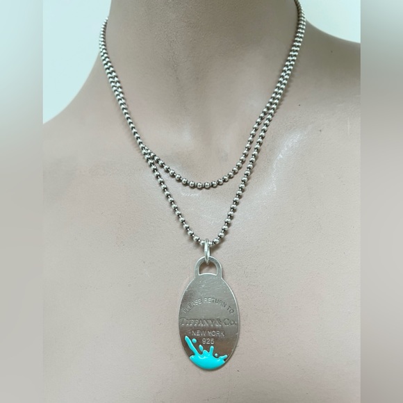 Tiffany & Co. Jewelry - 🔴Authentic TIFFANY & CO Long Bead Chain Blue Enamel Splash RTT Oval Necklace 🔴
